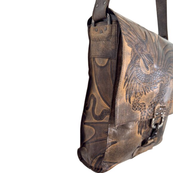Mark Nason "Rock Never Dies" Rock Lives Dragon Leather Messenger Bag - Picture 3 of 16